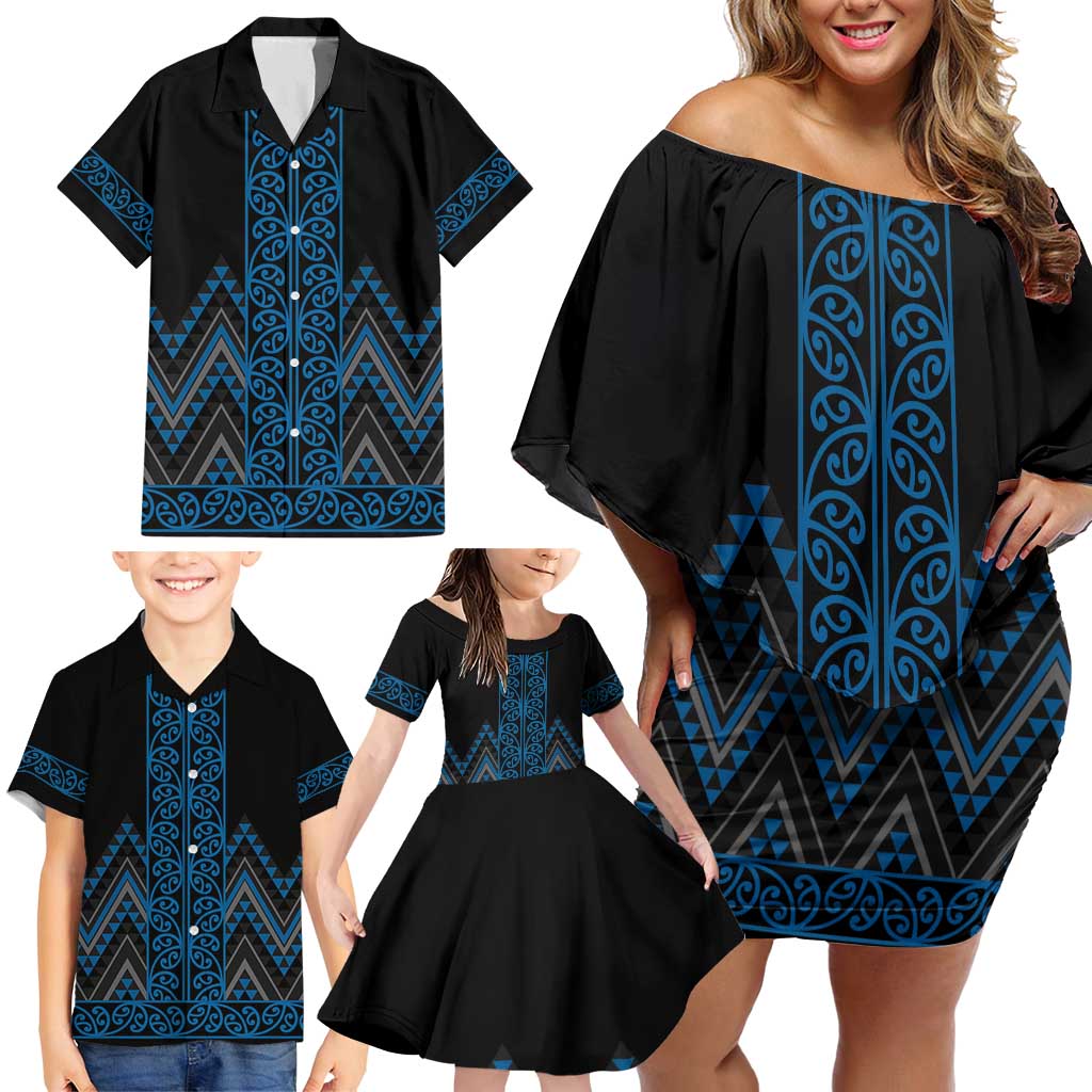 Blue Aotearoa Mangopare Kowhaiwhai and Niho Taniwha Family Matching Off Shoulder Short Dress and Hawaiian Shirt Maori New Zealand