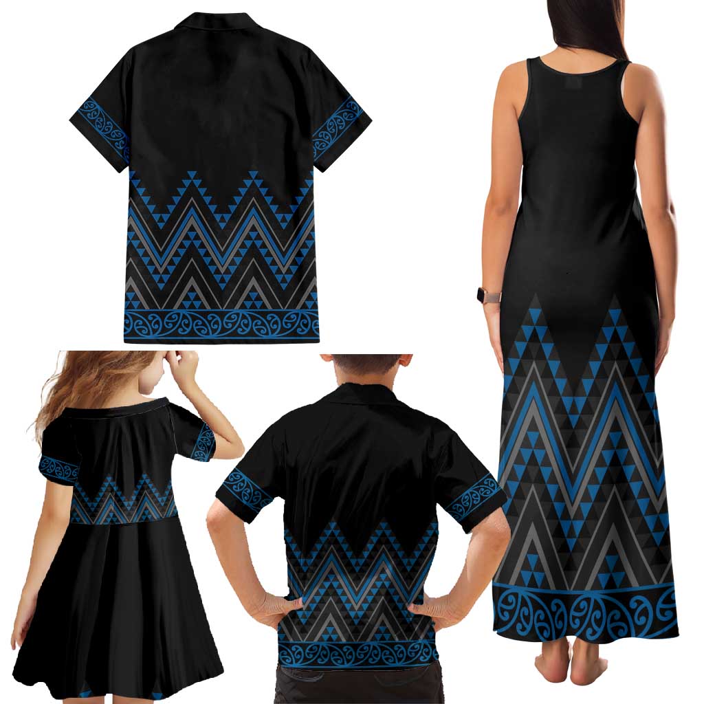 Blue Aotearoa Mangopare Kowhaiwhai and Niho Taniwha Family Matching Tank Maxi Dress and Hawaiian Shirt Maori New Zealand