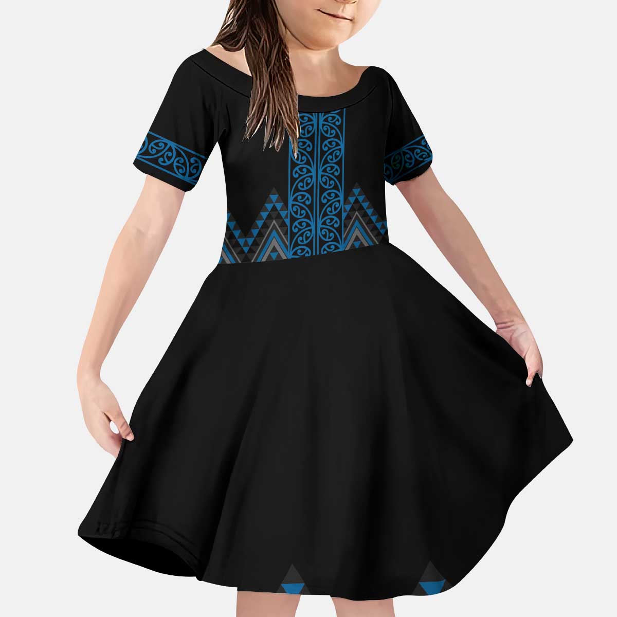 Blue Aotearoa Mangopare Kowhaiwhai and Niho Taniwha Kid Short Sleeve Dress Maori New Zealand