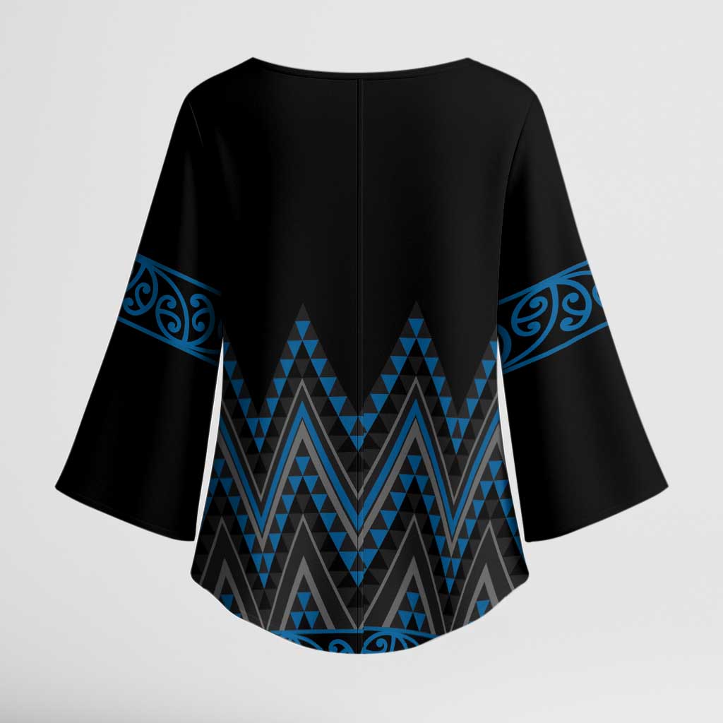 Blue Aotearoa Mangopare Kowhaiwhai Niho Taniwha Kimono Sleeve Blouse Maori New Zealand - Polynesian Pride