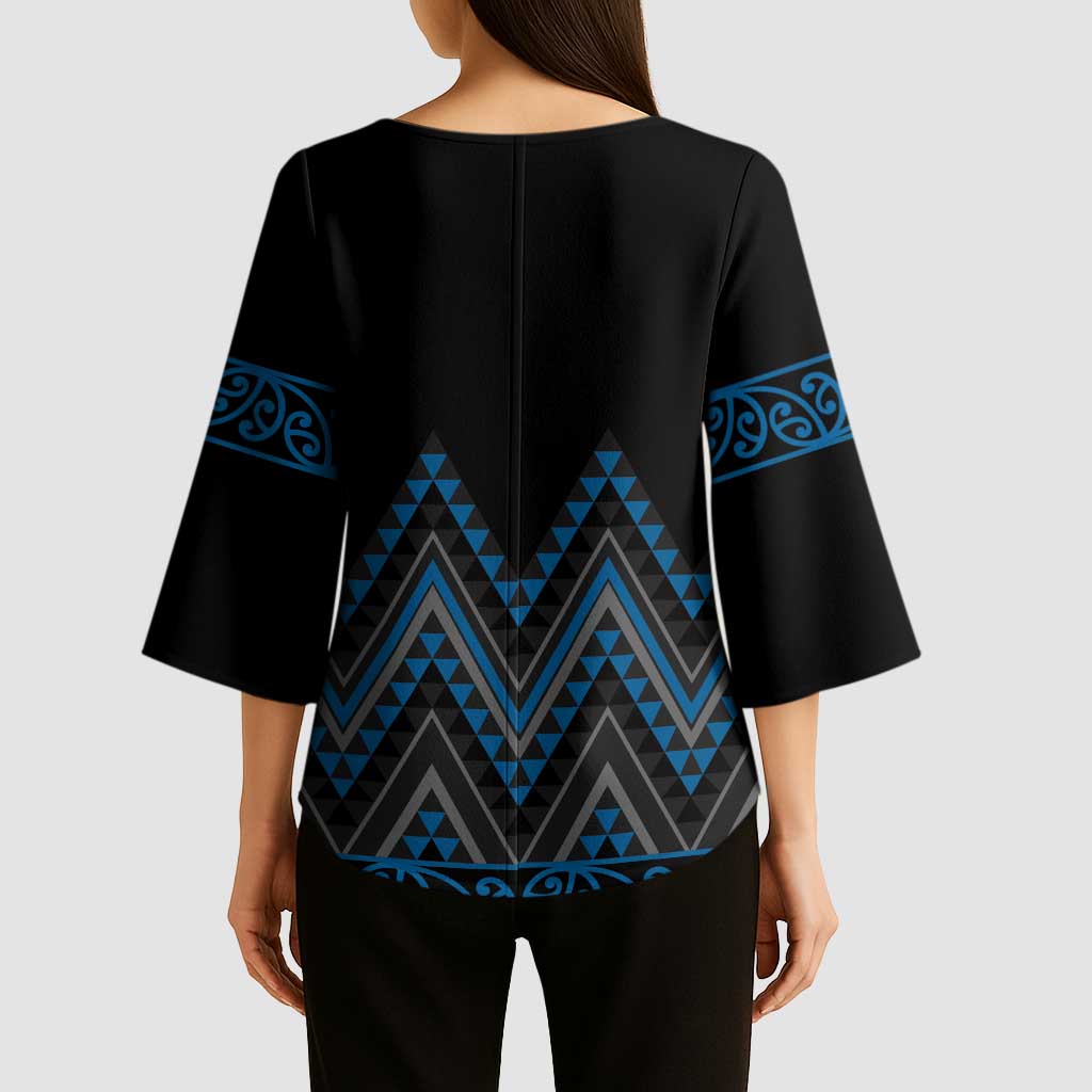 Blue Aotearoa Mangopare Kowhaiwhai Niho Taniwha Kimono Sleeve Blouse Maori New Zealand - Polynesian Pride
