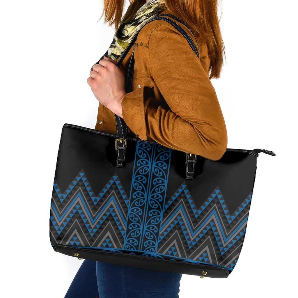 Blue Aotearoa Mangopare Kowhaiwhai and Niho Taniwha Leather Tote Bag Maori New Zealand LT14 Blue - Polynesian Pride