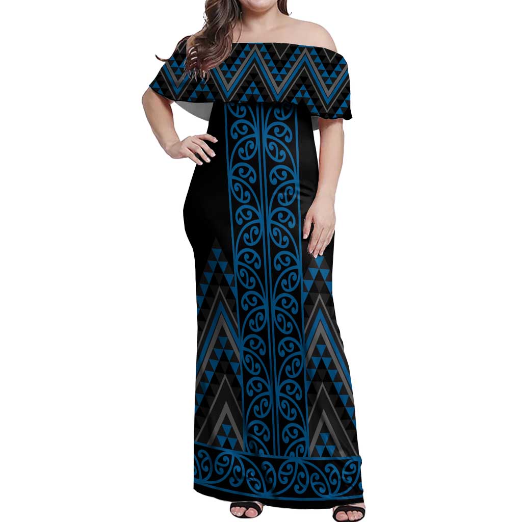 Blue Aotearoa Mangopare Kowhaiwhai and Niho Taniwha Off Shoulder Maxi Dress Maori New Zealand LT14 Women Blue - Polynesian Pride