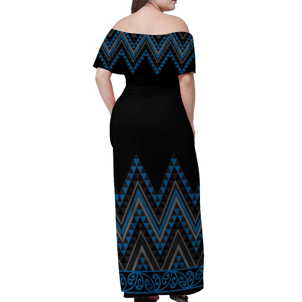 Blue Aotearoa Mangopare Kowhaiwhai and Niho Taniwha Off Shoulder Maxi Dress Maori New Zealand LT14 - Polynesian Pride