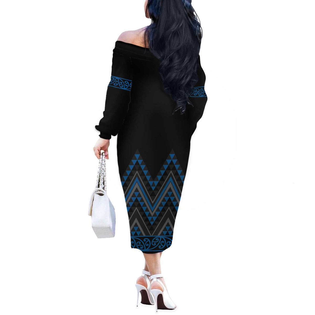 Blue Aotearoa Mangopare Kowhaiwhai and Niho Taniwha Off The Shoulder Long Sleeve Dress Maori New Zealand LT14 - Polynesian Pride
