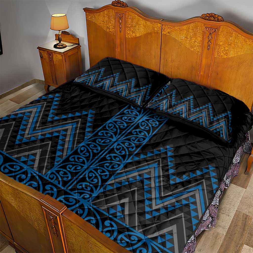 Blue Aotearoa Mangopare Kowhaiwhai and Niho Taniwha Quilt Bed Set Maori New Zealand