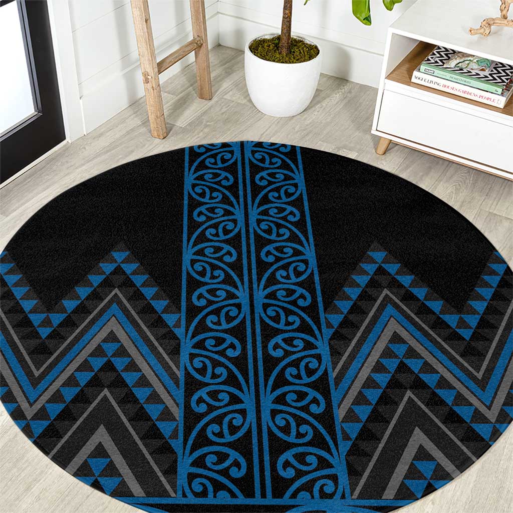 Blue Aotearoa Mangopare Kowhaiwhai and Niho Taniwha Round Carpet Maori New Zealand