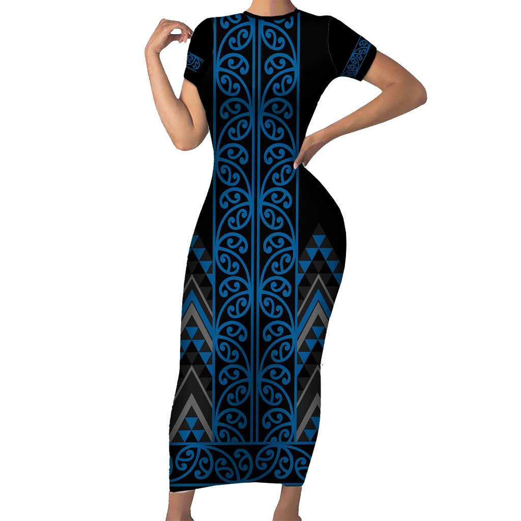 Blue Aotearoa Mangopare Kowhaiwhai and Niho Taniwha Short Sleeve Bodycon Dress Maori New Zealand