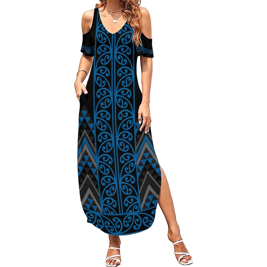 Blue Aotearoa Mangopare Kowhaiwhai and Niho Taniwha Summer Maxi Dress Maori New Zealand LT14 Women Blue - Polynesian Pride