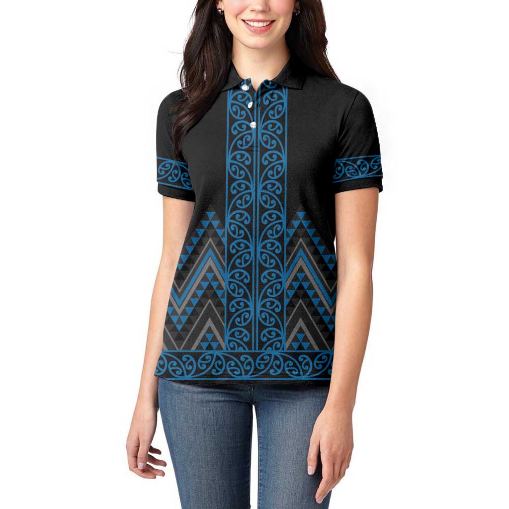Blue Aotearoa Mangopare Kowhaiwhai and Niho Taniwha Women Polo Shirt Maori New Zealand