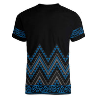 Blue Aotearoa Mangopare Kowhaiwhai and Niho Taniwha Women V-Neck T-Shirt Maori New Zealand