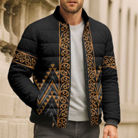 Gold Aotearoa Mangopare Kowhaiwhai Niho Taniwha Bomber Puffer Jacket Maori New Zealand - Polynesian Pride