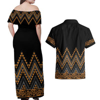 Gold Aotearoa Mangopare Kowhaiwhai and Niho Taniwha Couples Matching Off Shoulder Maxi Dress and Hawaiian Shirt Maori New Zealand LT14 - Polynesian Pride