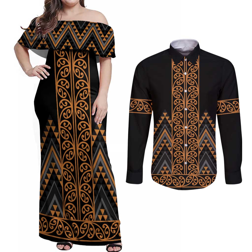 Gold Aotearoa Mangopare Kowhaiwhai and Niho Taniwha Couples Matching Off Shoulder Maxi Dress and Long Sleeve Button Shirt Maori New Zealand