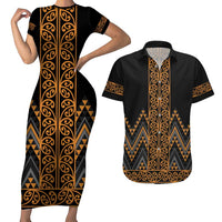 Gold Aotearoa Mangopare Kowhaiwhai and Niho Taniwha Couples Matching Short Sleeve Bodycon Dress and Hawaiian Shirt Maori New Zealand LT14 Gold - Polynesian Pride