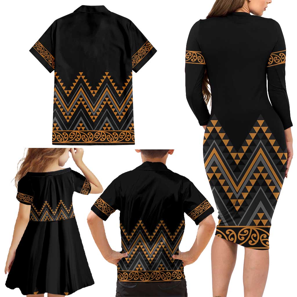 Gold Aotearoa Mangopare Kowhaiwhai and Niho Taniwha Family Matching Long Sleeve Bodycon Dress and Hawaiian Shirt Maori New Zealand LT14 - Polynesian Pride