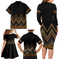 Gold Aotearoa Mangopare Kowhaiwhai and Niho Taniwha Family Matching Long Sleeve Bodycon Dress and Hawaiian Shirt Maori New Zealand LT14 - Polynesian Pride