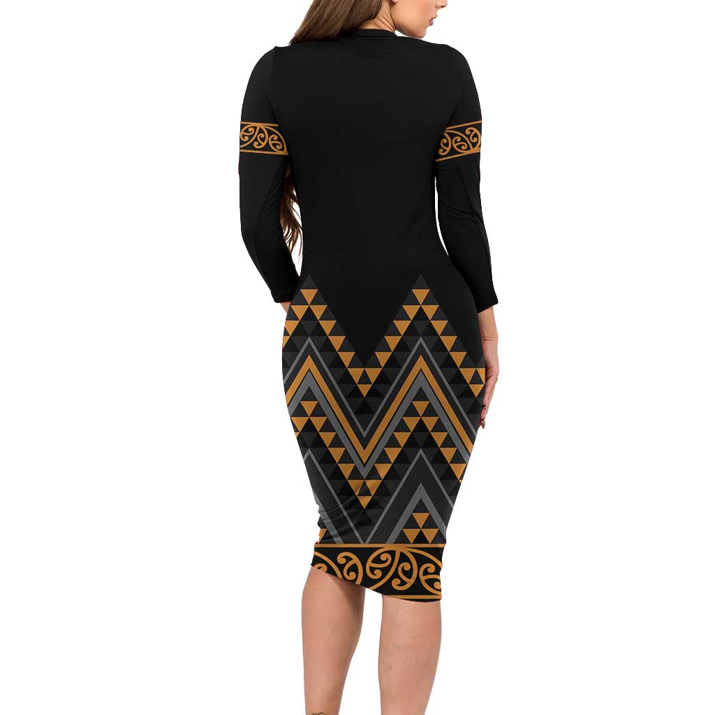 Gold Aotearoa Mangopare Kowhaiwhai and Niho Taniwha Family Matching Long Sleeve Bodycon Dress and Hawaiian Shirt Maori New Zealand LT14 - Polynesian Pride