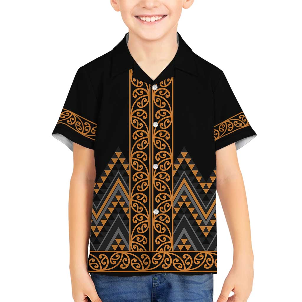 Gold Aotearoa Mangopare Kowhaiwhai and Niho Taniwha Family Matching Long Sleeve Bodycon Dress and Hawaiian Shirt Maori New Zealand LT14 Son's Shirt Gold - Polynesian Pride