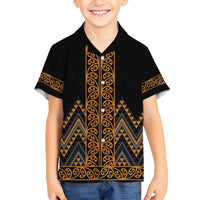 Gold Aotearoa Mangopare Kowhaiwhai and Niho Taniwha Family Matching Long Sleeve Bodycon Dress and Hawaiian Shirt Maori New Zealand LT14 Son's Shirt Gold - Polynesian Pride