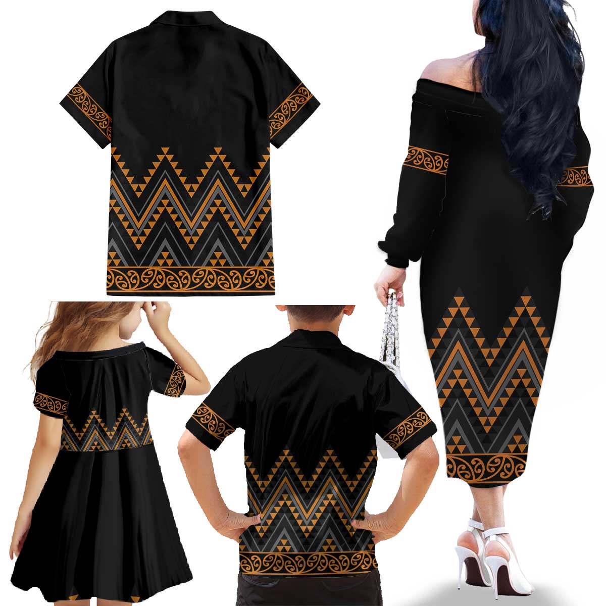 Gold Aotearoa Mangopare Kowhaiwhai and Niho Taniwha Family Matching Off The Shoulder Long Sleeve Dress and Hawaiian Shirt Maori New Zealand LT14 - Polynesian Pride