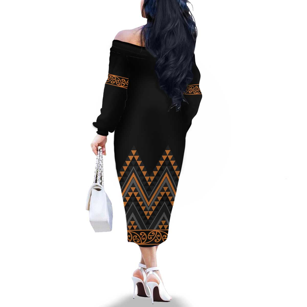 Gold Aotearoa Mangopare Kowhaiwhai and Niho Taniwha Family Matching Off The Shoulder Long Sleeve Dress and Hawaiian Shirt Maori New Zealand LT14 - Polynesian Pride
