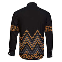 Gold Aotearoa Mangopare Kowhaiwhai and Niho Taniwha Family Matching Off Shoulder Maxi Dress and Hawaiian Shirt Maori New Zealand