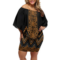 Gold Aotearoa Mangopare Kowhaiwhai and Niho Taniwha Family Matching Off Shoulder Short Dress and Hawaiian Shirt Maori New Zealand