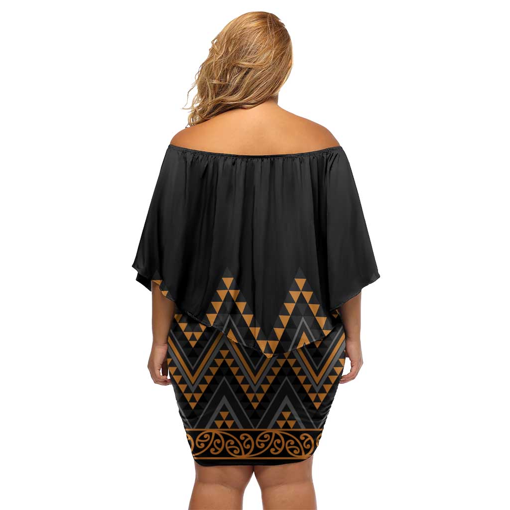 Gold Aotearoa Mangopare Kowhaiwhai and Niho Taniwha Family Matching Off Shoulder Short Dress and Hawaiian Shirt Maori New Zealand