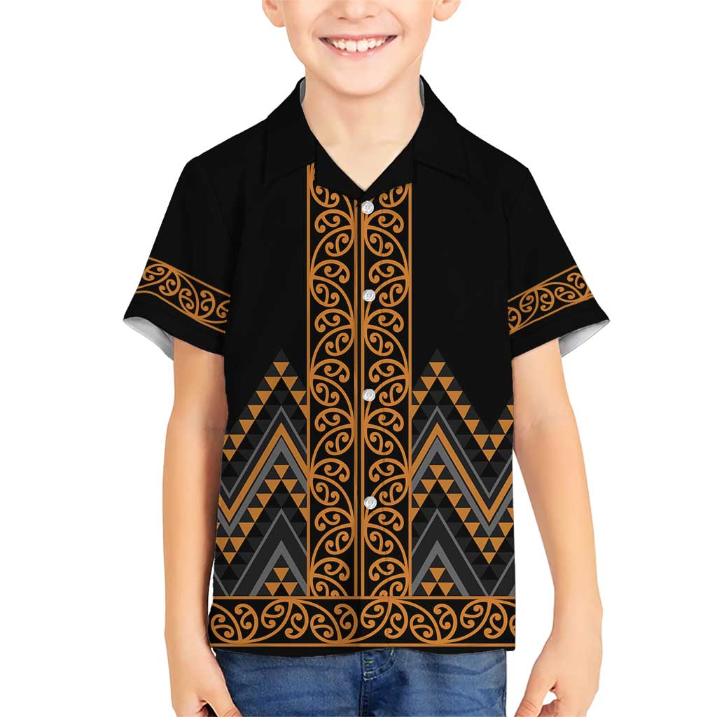 Gold Aotearoa Mangopare Kowhaiwhai and Niho Taniwha Family Matching Short Sleeve Bodycon Dress and Hawaiian Shirt Maori New Zealand LT14 Son's Shirt Gold - Polynesian Pride