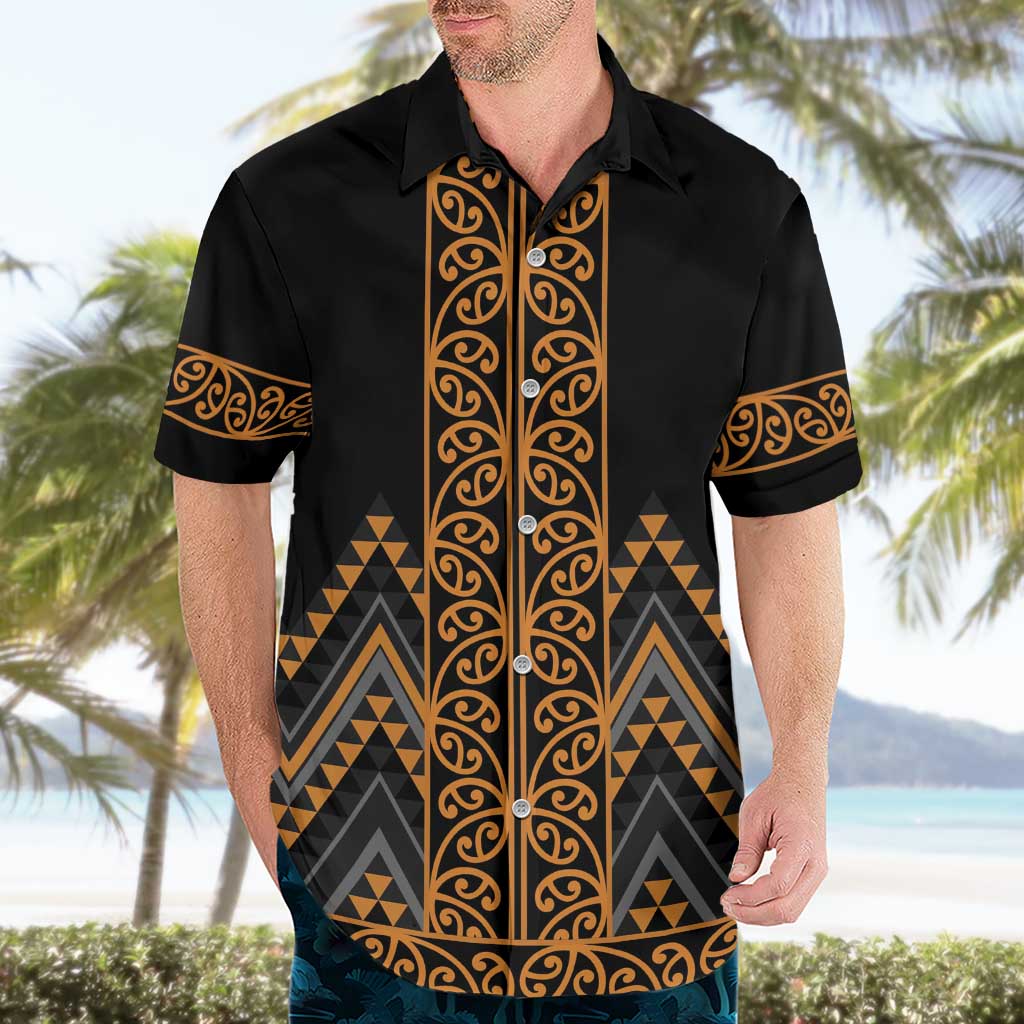 Gold Aotearoa Mangopare Kowhaiwhai and Niho Taniwha Hawaiian Shirt Maori New Zealand