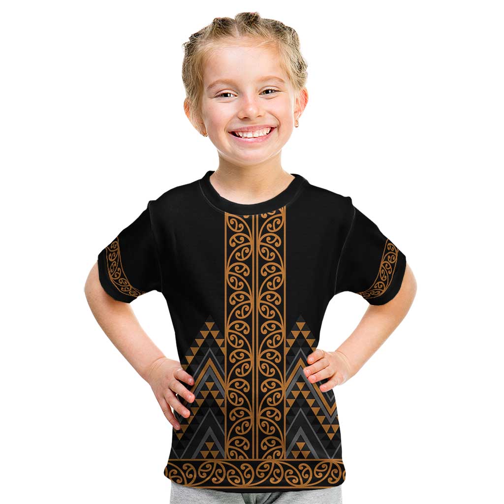 Gold Aotearoa Mangopare Kowhaiwhai and Niho Taniwha Kid T Shirt Maori New Zealand