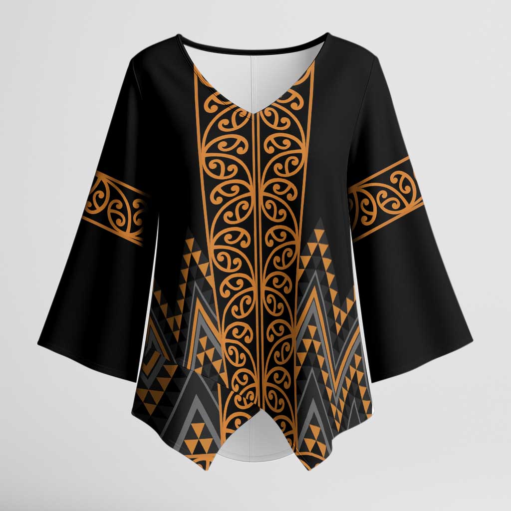 Gold Aotearoa Mangopare Kowhaiwhai Niho Taniwha Kimono Sleeve Blouse Maori New Zealand - Polynesian Pride