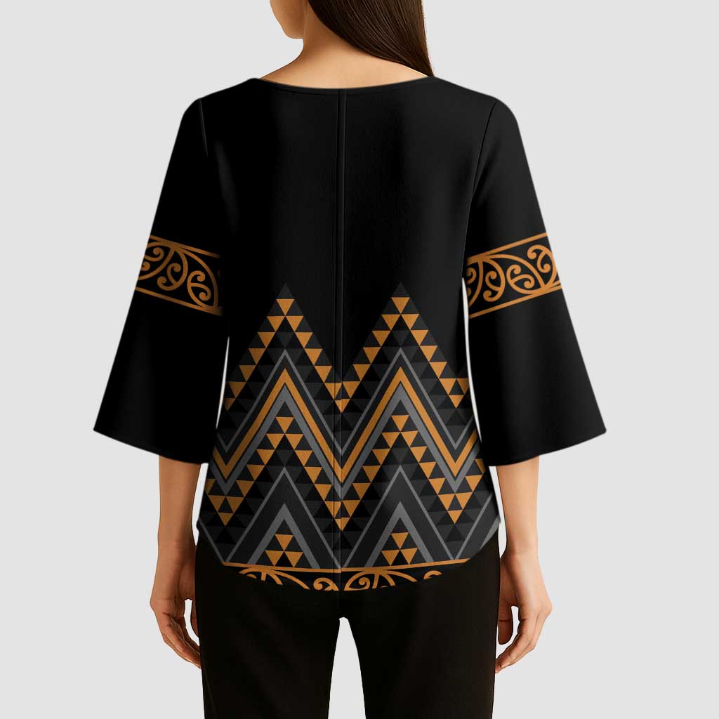 Gold Aotearoa Mangopare Kowhaiwhai Niho Taniwha Kimono Sleeve Blouse Maori New Zealand - Polynesian Pride