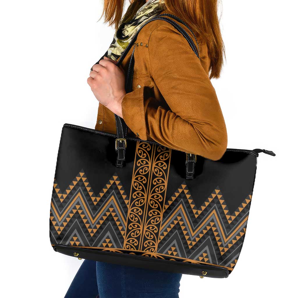 Gold Aotearoa Mangopare Kowhaiwhai and Niho Taniwha Leather Tote Bag Maori New Zealand LT14 Gold - Polynesian Pride