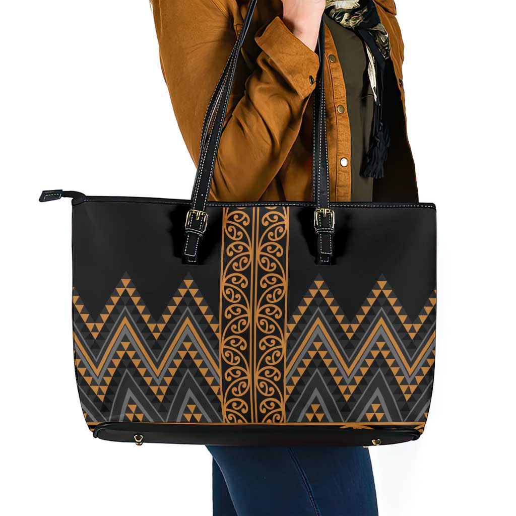 Gold Aotearoa Mangopare Kowhaiwhai and Niho Taniwha Leather Tote Bag Maori New Zealand LT14 - Polynesian Pride