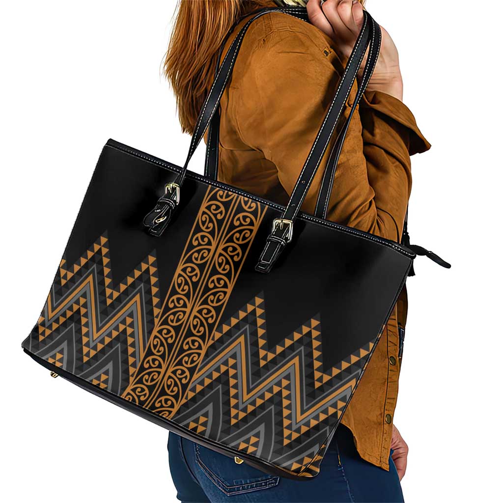 Gold Aotearoa Mangopare Kowhaiwhai and Niho Taniwha Leather Tote Bag Maori New Zealand LT14 - Polynesian Pride