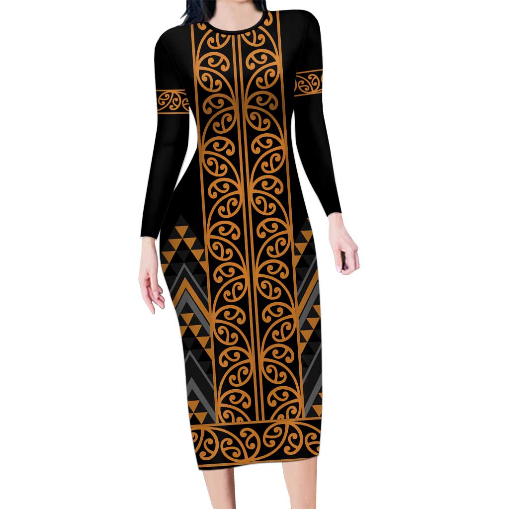 Gold Aotearoa Mangopare Kowhaiwhai and Niho Taniwha Long Sleeve Bodycon Dress Maori New Zealand LT14 Long Dress Gold - Polynesian Pride