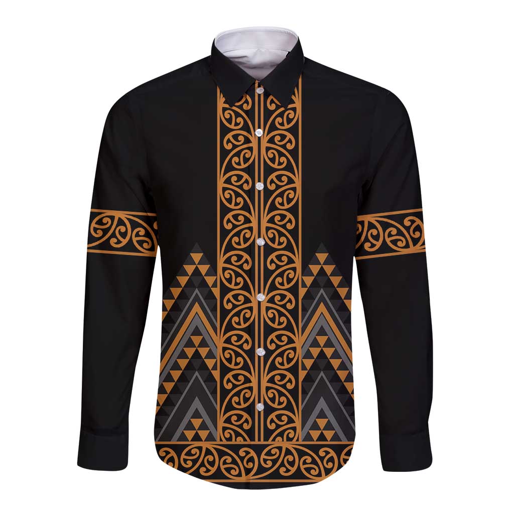 Gold Aotearoa Mangopare Kowhaiwhai and Niho Taniwha Long Sleeve Button Shirt Maori New Zealand