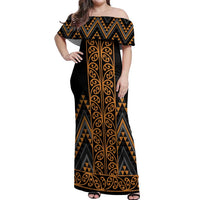 Gold Aotearoa Mangopare Kowhaiwhai and Niho Taniwha Off Shoulder Maxi Dress Maori New Zealand LT14 Women Gold - Polynesian Pride