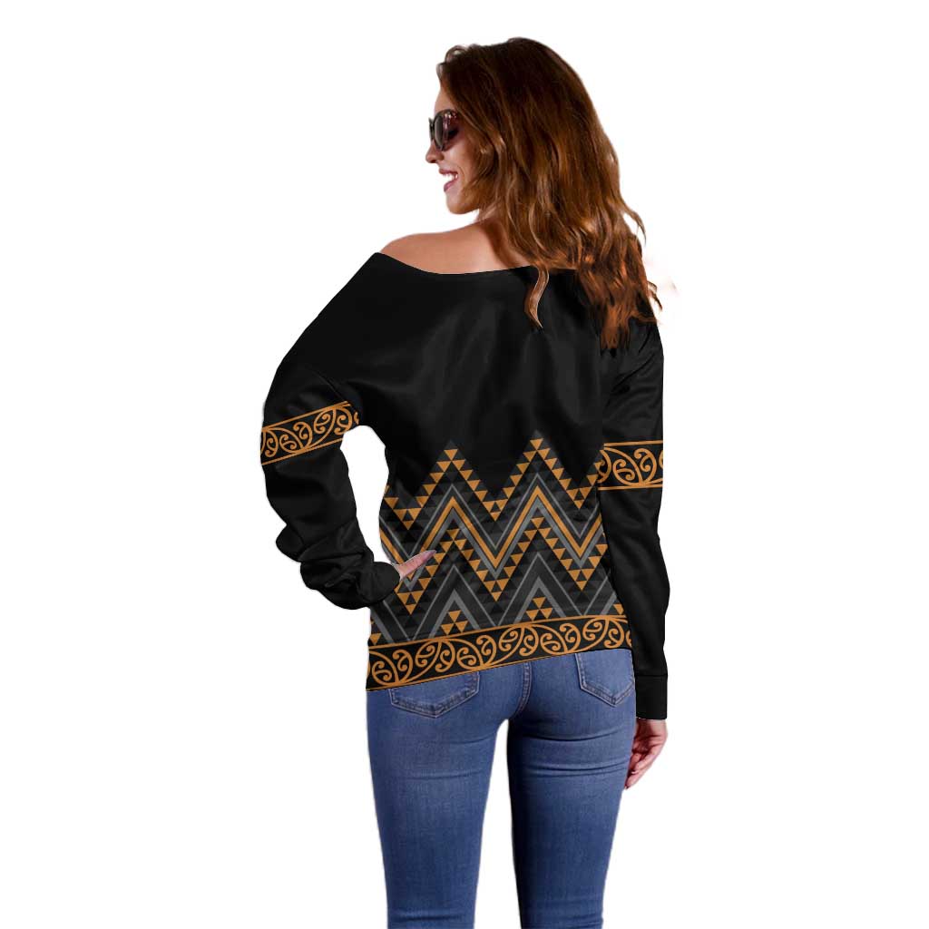 Gold Aotearoa Mangopare Kowhaiwhai and Niho Taniwha Off Shoulder Sweater Maori New Zealand