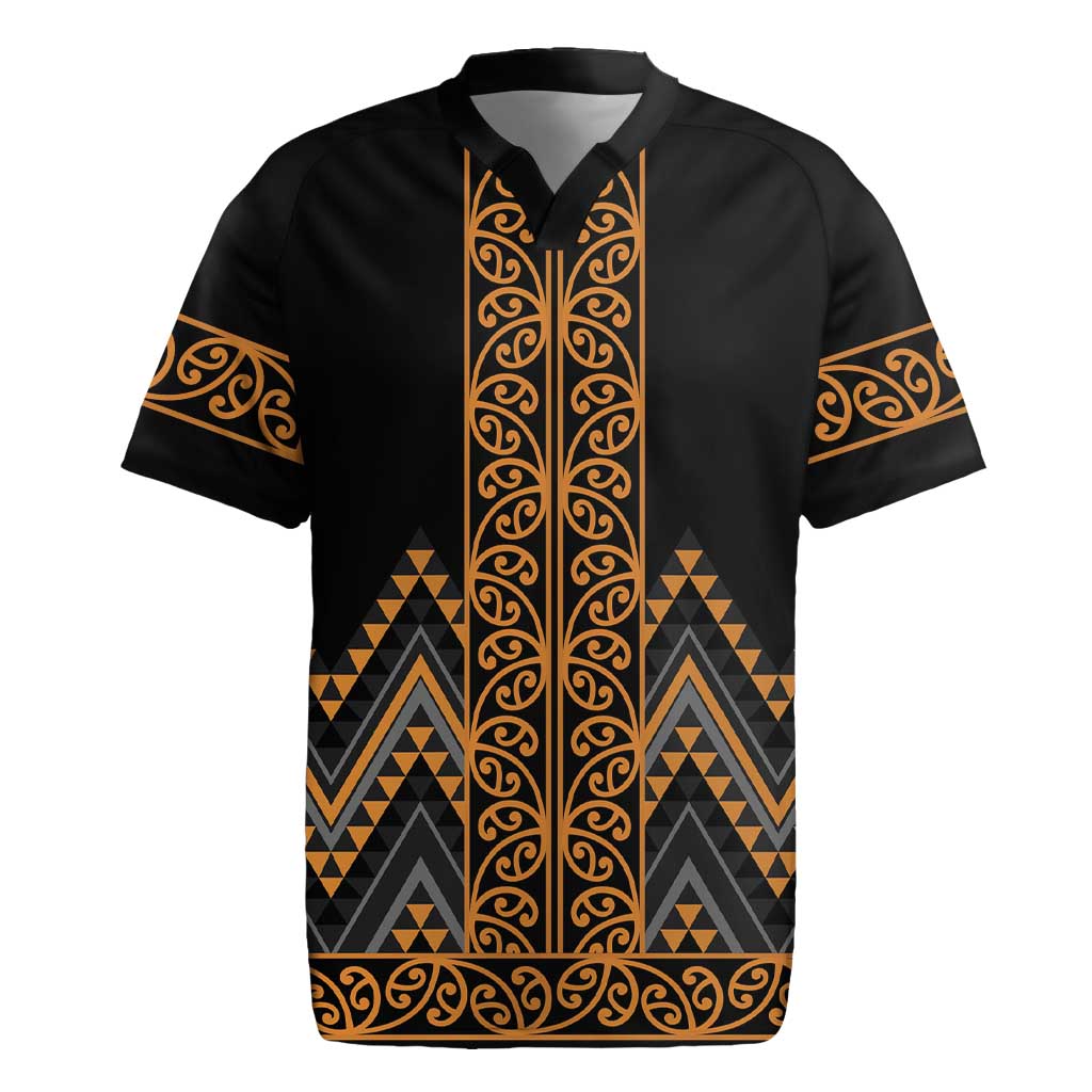 Gold Aotearoa Mangopare Kowhaiwhai and Niho Taniwha Rugby Jersey Maori New Zealand