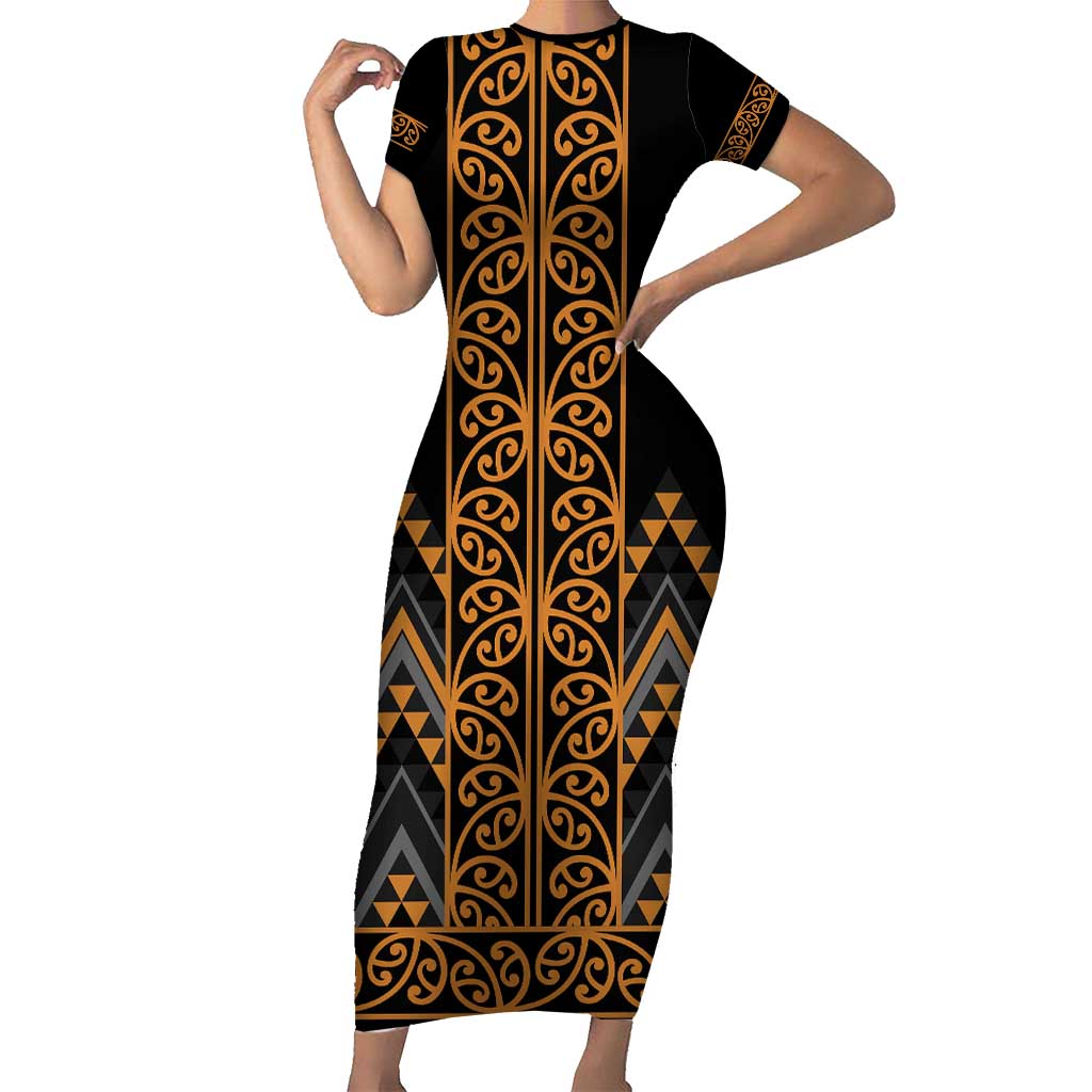 Gold Aotearoa Mangopare Kowhaiwhai and Niho Taniwha Short Sleeve Bodycon Dress Maori New Zealand LT14 Long Dress Gold - Polynesian Pride