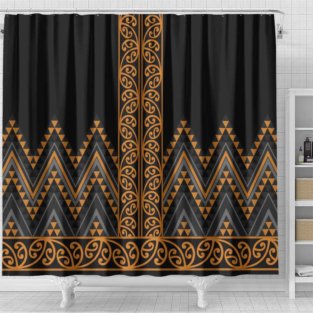 Gold Aotearoa Mangopare Kowhaiwhai and Niho Taniwha Shower Curtain Maori New Zealand