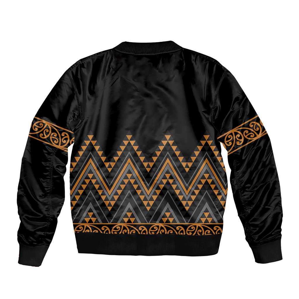 Gold Aotearoa Mangopare Kowhaiwhai and Niho Taniwha Sleeve Zip Bomber Jacket Maori New Zealand
