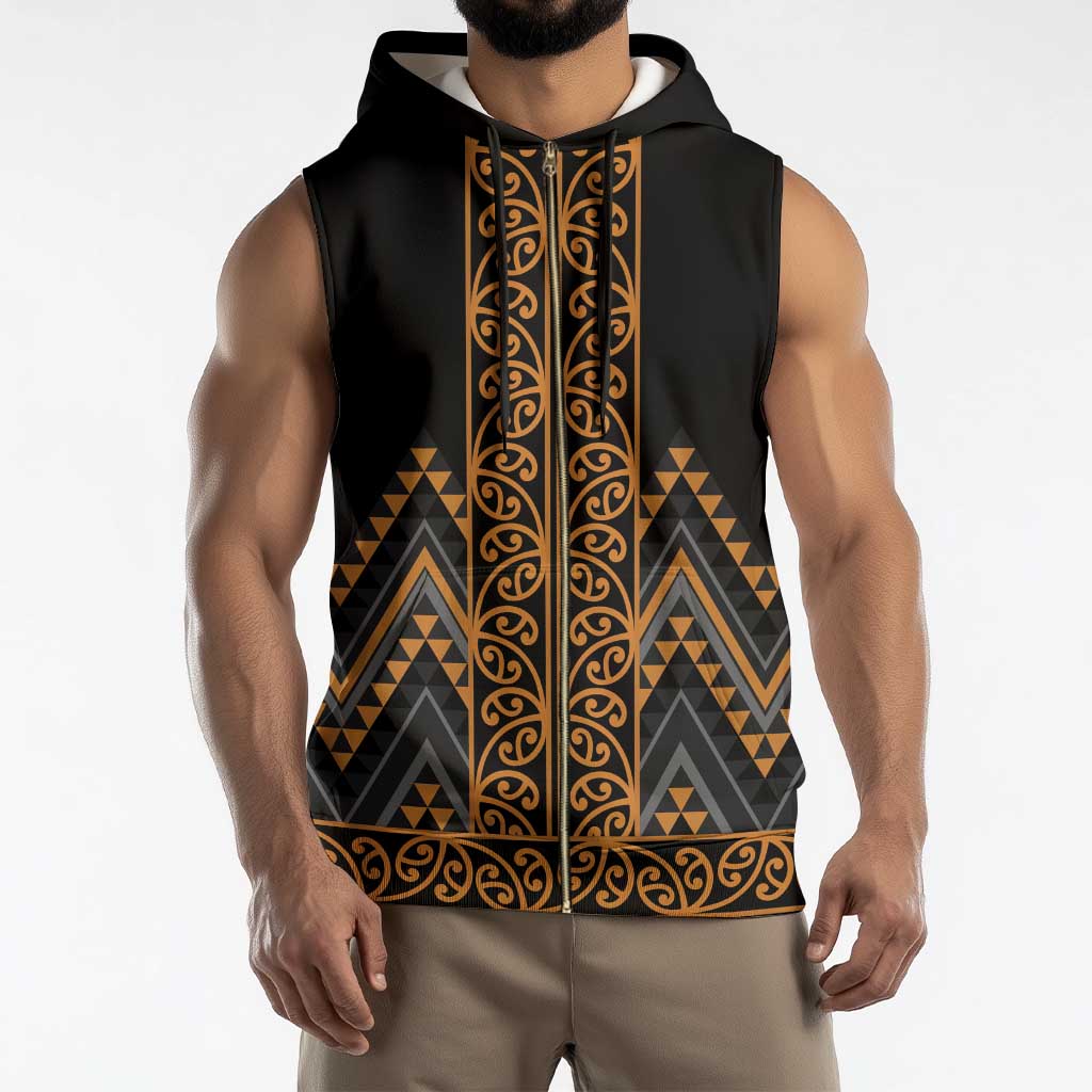 Gold Aotearoa Mangopare Kowhaiwhai Niho Taniwha Sleeveless Zip Hoodie Maori New Zealand - Polynesian Pride