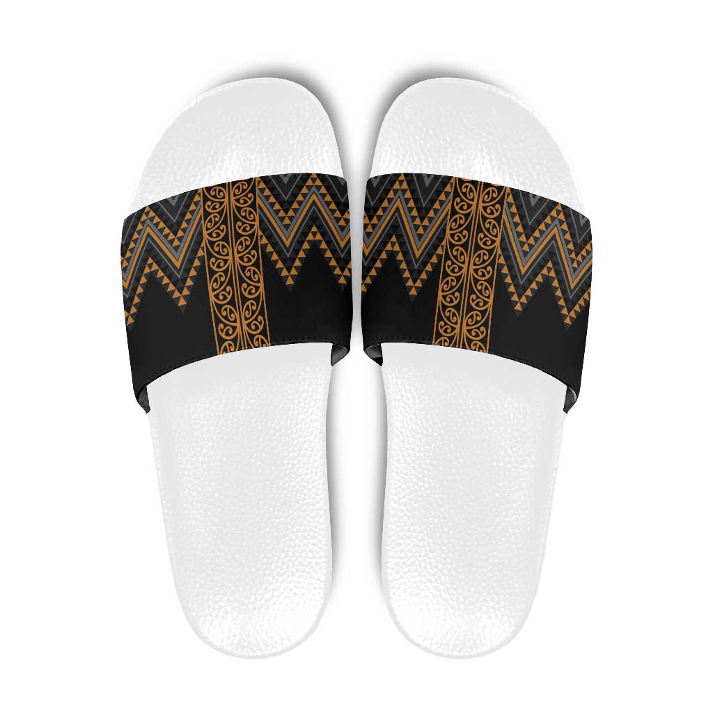Gold Aotearoa Mangopare Kowhaiwhai Niho Taniwha Slide Sandals Maori New Zealand - Polynesian Pride