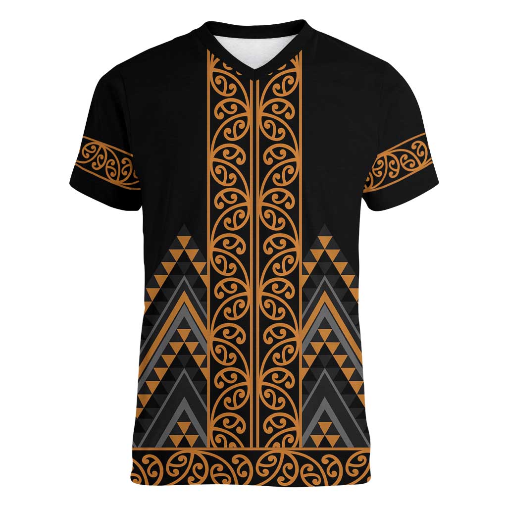 Gold Aotearoa Mangopare Kowhaiwhai and Niho Taniwha Women V-Neck T-Shirt Maori New Zealand