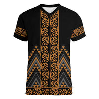 Gold Aotearoa Mangopare Kowhaiwhai and Niho Taniwha Women V-Neck T-Shirt Maori New Zealand