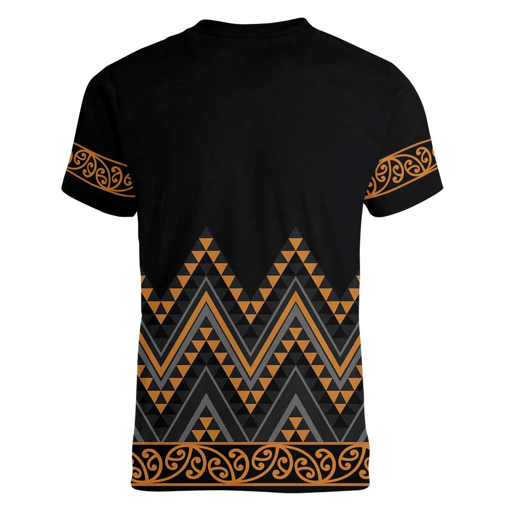 Gold Aotearoa Mangopare Kowhaiwhai and Niho Taniwha Women V-Neck T-Shirt Maori New Zealand